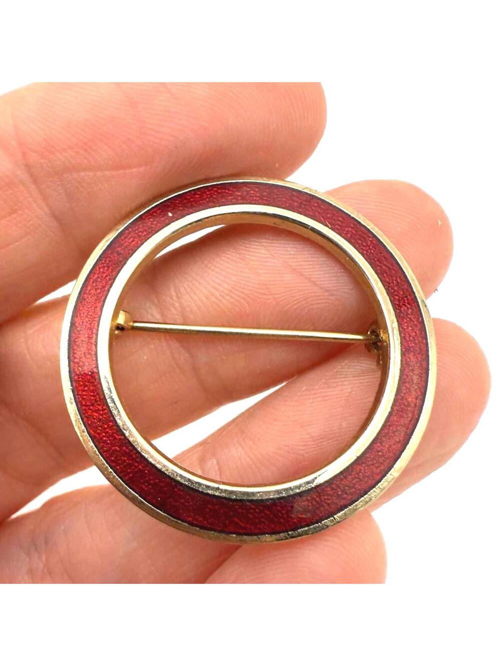 Vintage Round Red and Gold Tone Brooch Pin